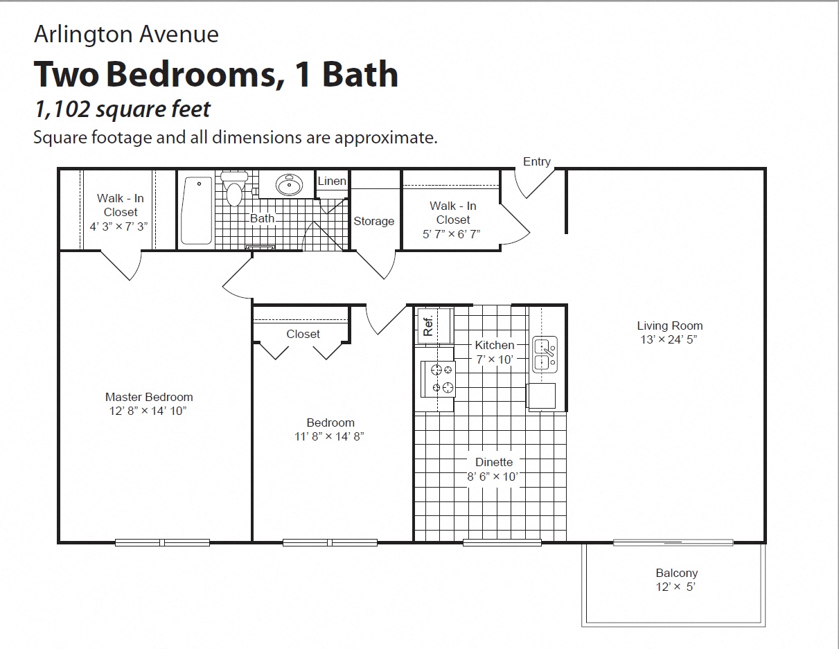 Floor plan for 2 beds, 1 bath, 1100 sqft